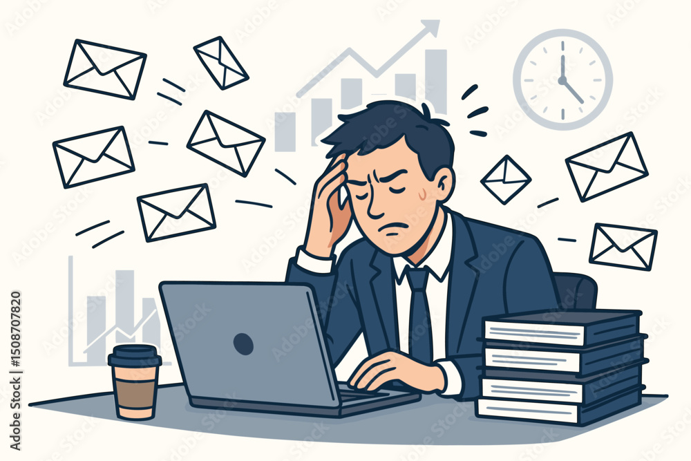 Stressed businessman overwhelmed by email overload at office desk with laptop and coffee, feeling pressure from workload and deadlines, concept of burnout and workplace anxiety vector illustration. Stressed businessman overwhelmed by email overload at office desk with laptop and coffee, feeling pressure from workload and deadlines, concept of burnout and workplace anxiety vector illustration.