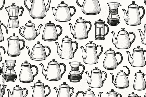 Vintage coffee equipment seamless pattern vector illustration. Hand-drawn sketch collection of coffee makers, pots, kettles, Moka pot, French press, pour-over filter for cafe design.