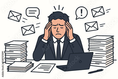 Exhausted employee feeling stressed by constant email messages and too much work. Professional man at office desk experiencing burnout and information overload. Vector art.