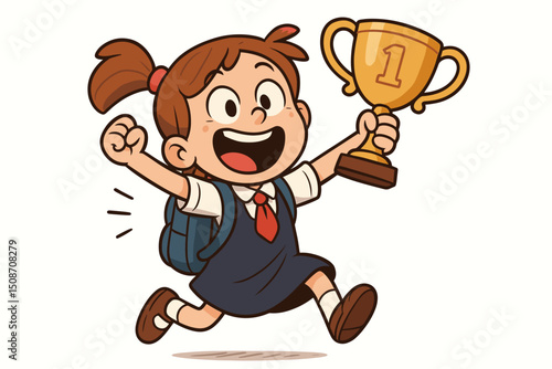 Cartoon vector illustration of a triumphant schoolgirl running joyfully with a golden first place cup award. Happy student celebrating educational success and achievement isolated.