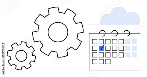 Two gears beside a marked calendar representing productivity and task planning. Ideal for teamwork, efficiency, time management, automation, organization, scheduling, collaboration. Flat simple
