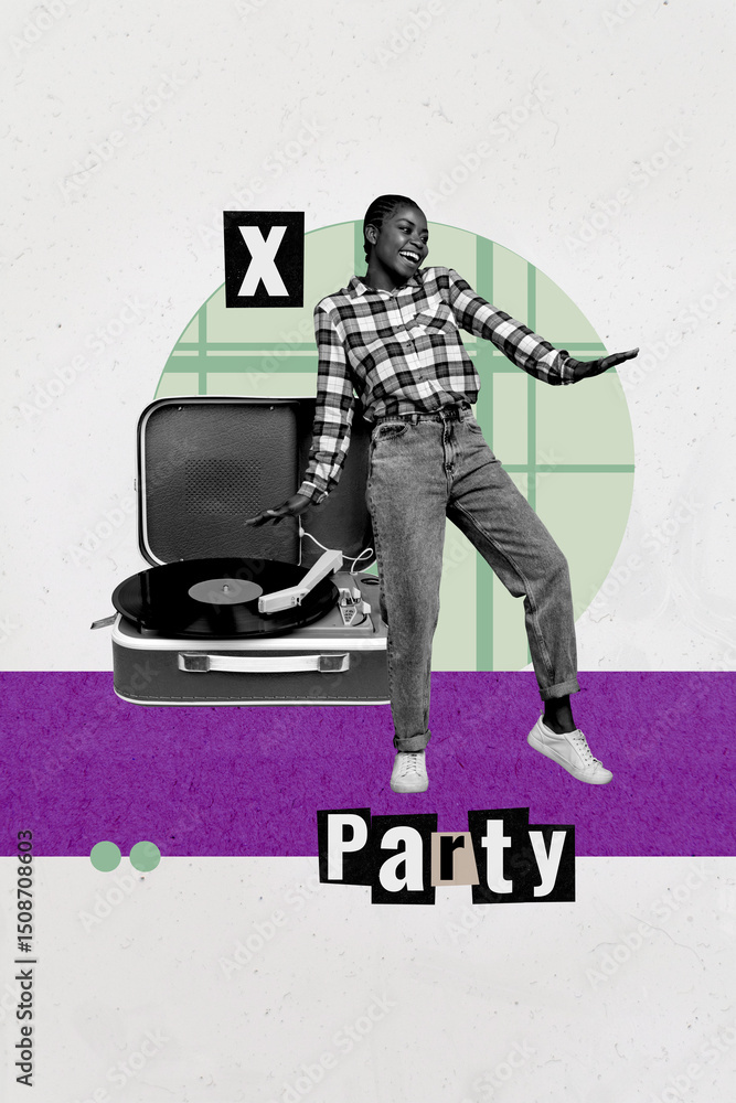 Obraz premium Creative art collage of person stand dance near gramophone party on white background