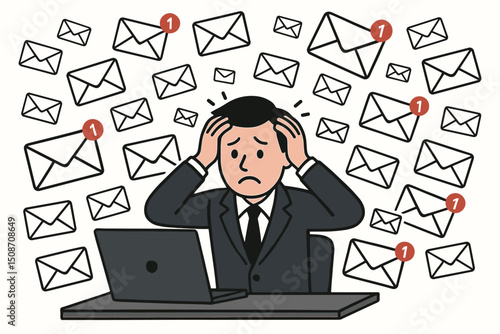 Inbox overload concept vector illustration. Businessman feeling anxious and stressed by a constant stream of incoming emails and notifications on his laptop, representing work pressure.