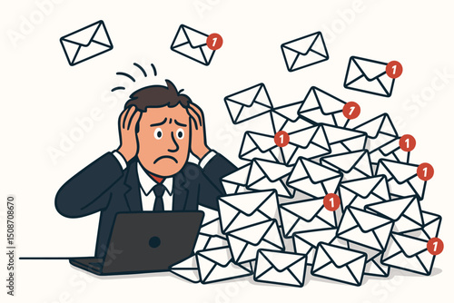 Frustrated office worker dealing with email inbox overload stress. Businessman overwhelmed by huge pile of messages, notifications, and communication demands. Vector illustration.