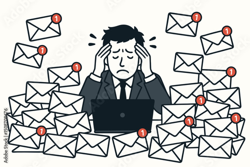Vector illustration of a stressed businessman suffering from inbox overload, holding his head surrounded by countless email notifications. Concept of work pressure, burnout, and anxiety.