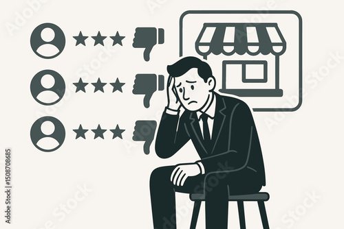 Frustrated entrepreneur receiving poor online feedback and negative reviews. Minimalist vector art showing business stress, bad reputation, and customer service failure concept.