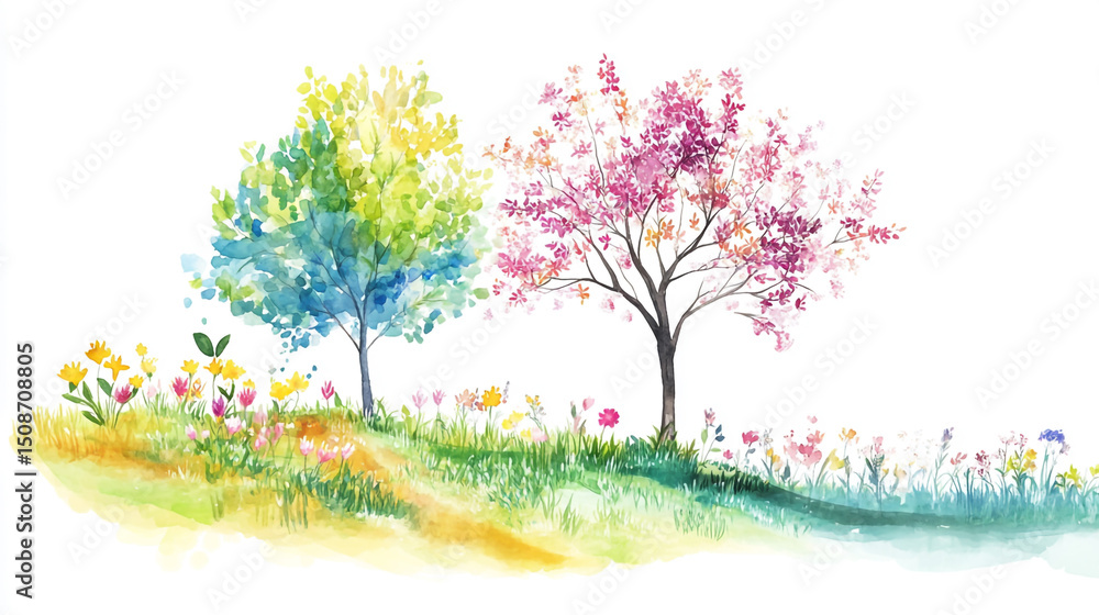 Naklejka premium Vector illustration of a spring blossom tree with blooming plants, side view for landscape elevation and section