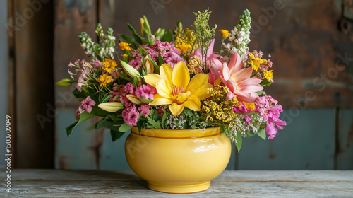Wallpaper Mural Vibrant and beautiful flower bouquet in a cheerful yellow pot, showcasing a fresh and colorful arrangement Torontodigital.ca
