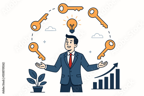 Corporate manager multitasking, juggling keys to success and innovative lightbulb ideas for financial growth and problem-solving, business strategy vector illustration concept.