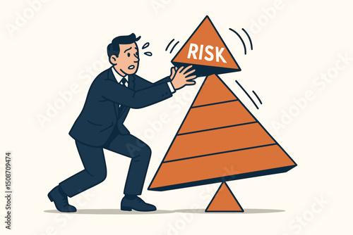 Worried businessman in suit attempting to stabilize a precarious balancing risk pyramid representing financial uncertainty, danger, and the struggle for control in business.