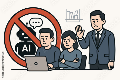 Workplace illustration showing AI prohibition. Manager stops employees from using artificial intelligence tools, symbolizing technology regulation, job security fears, and office policy.