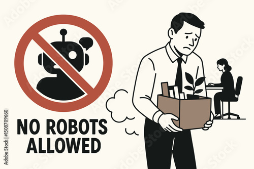 Future of work anxiety: Fired businessman sadly leaves office with belongings box, symbolizing job loss due to AI automation and technology replacing human workers vector illustration.