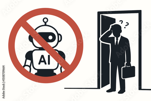 Artificial Intelligence restricted zone concept with AI robot ban symbol and confused businessman silhouette unable to enter. Vector graphic illustrating technology prohibition rules.