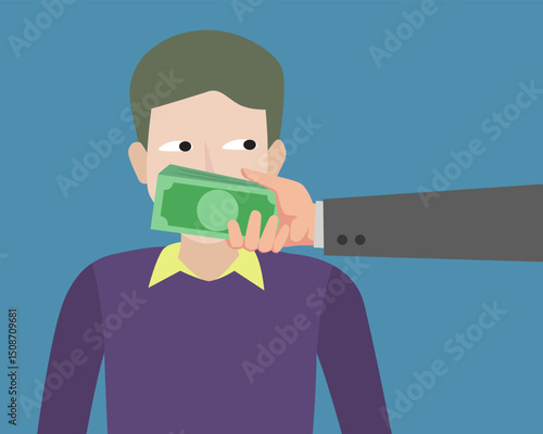 Hand Cash Money On Mouth Makes a Man Silent. Hush Money Concept. Illustration Vector Cartoon.