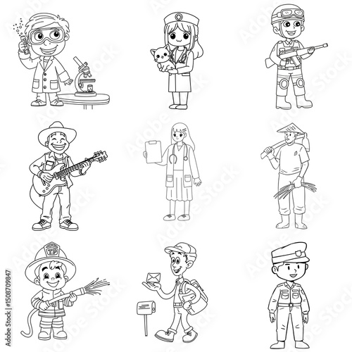 set of funny cartoon people and type of job provision