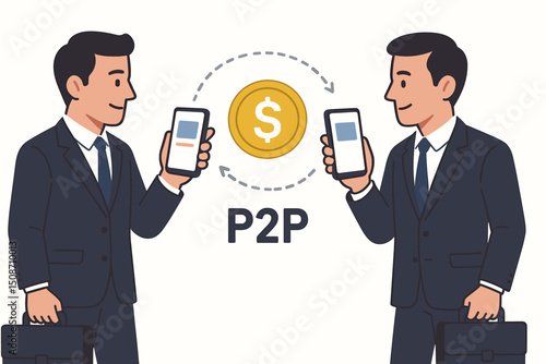 Vector illustration of P2P digital money exchange between businessmen using smartphones. Mobile payment technology, online fintech transaction, and peer-to-peer finance concept.