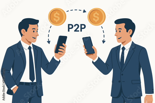 P2P fintech concept showing businessmen transferring digital dollar coins via smartphone mobile payment app. Vector graphic illustrating peer-to-peer online money exchange and transaction.