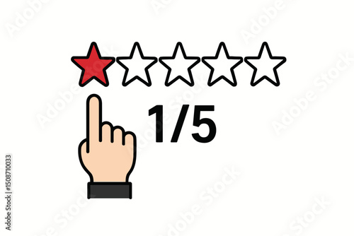 One star rating vector illustration showing negative customer review and poor satisfaction. Hand cursor clicking the red star indicates bad feedback, disappointment, and low score 1/5 evaluation.