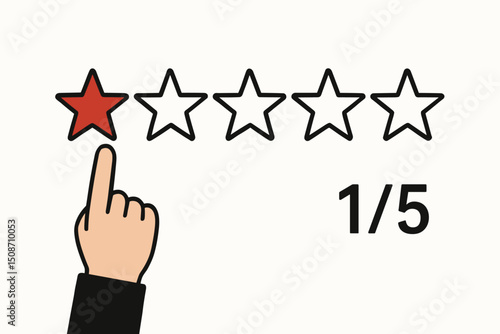 Hand pointing at one red star out of five for a negative review or poor rating. Vector illustration representing customer dissatisfaction, bad feedback, and low quality evaluation result.