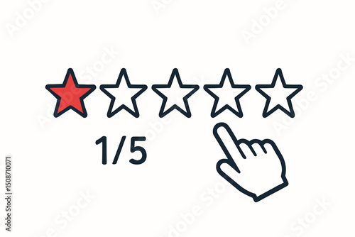 One star rating vector illustration. Negative review icon with 1 red star out of 5 and hand cursor. Represents poor customer feedback, bad experience, dissatisfaction, and low evaluation.