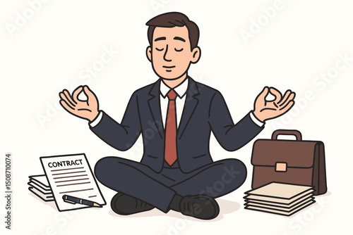 Vector illustration of a professional businessman practicing yoga meditation in lotus pose at the office, seeking tranquility and balance amidst contracts and paperwork.