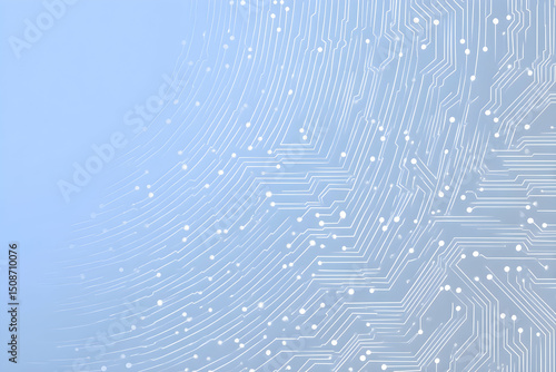 Futuristic technology background with white circle circuit wires on light blue motherboard. AI chip or semiconductor concept. Abstract tech bg. Modern web banner. Digital vector illustration.