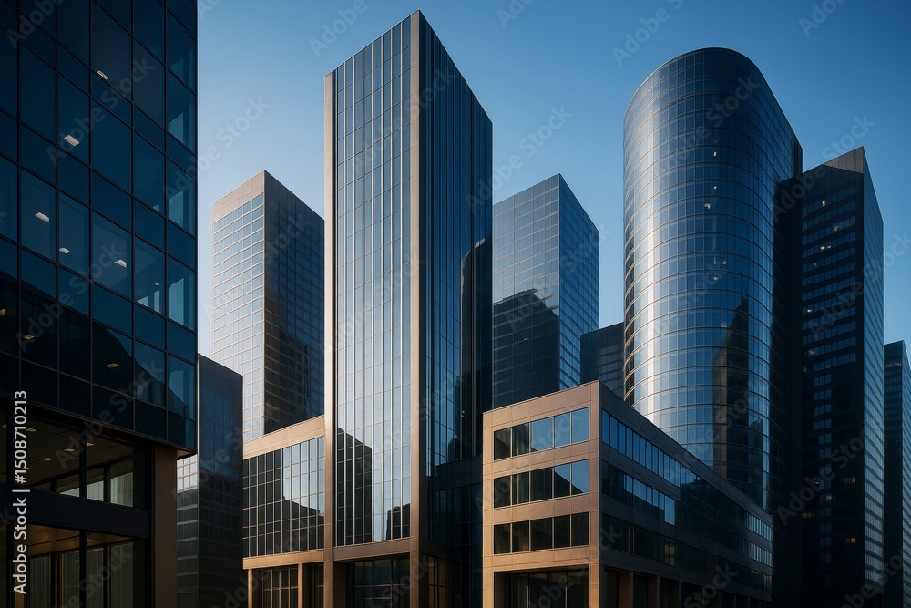 Futuristic glass skyscrapers under morning light with clean blue sky background in modern cityscape concept. Ai generative. Futuristic glass skyscrapers under morning light with clean blue sky background in modern cityscape concept. Ai generative.