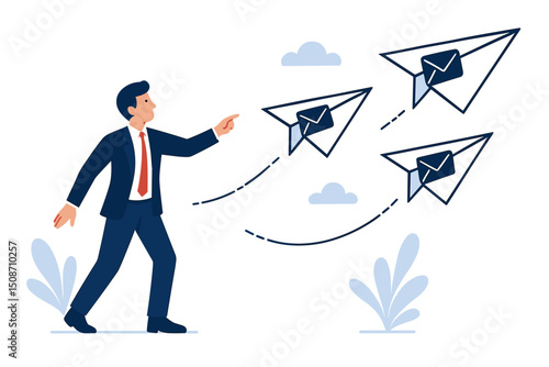 Vector illustration of a businessman directing flying paper airplanes with email symbols representing digital communication newsletter outreach email marketing campaign and message sending.