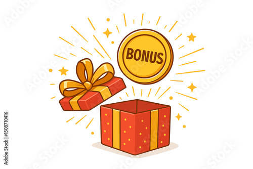 Open red gift box with yellow ribbon revealing a shiny gold bonus coin. Vector illustration concept for surprise prize, loyalty program reward, special promotion, or customer incentive.