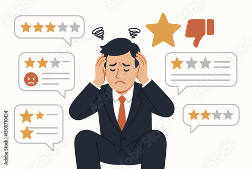 Frustrated businessman clutching head, stressed by negative online reviews and low star ratings. Vector concept for customer feedback, reputation management, and business challenges.