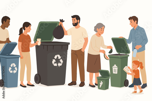 Responsible Waste Disposal: Diverse Community Sorting Trash, Recycling Plastic, and Composting Organics in Designated Bins for Eco-Friendly Waste Management and Sustainability.