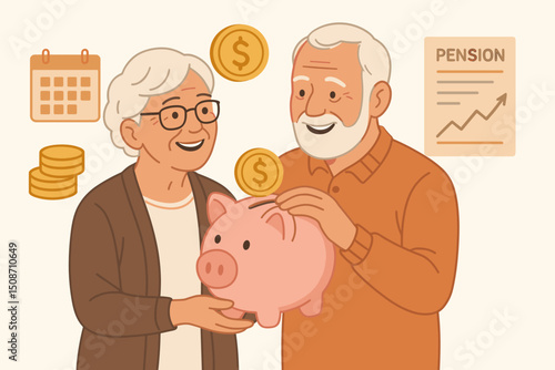 Senior financial planning vector illustration showing happy elderly couple saving money in a piggy bank for retirement security. Includes pension document, coins, and calendar icons.