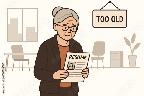 Elderly woman struggles with job search due to age discrimination, holding resume sadly in office setting with "Too Old" sign, depicting ageism and unemployment challenges.