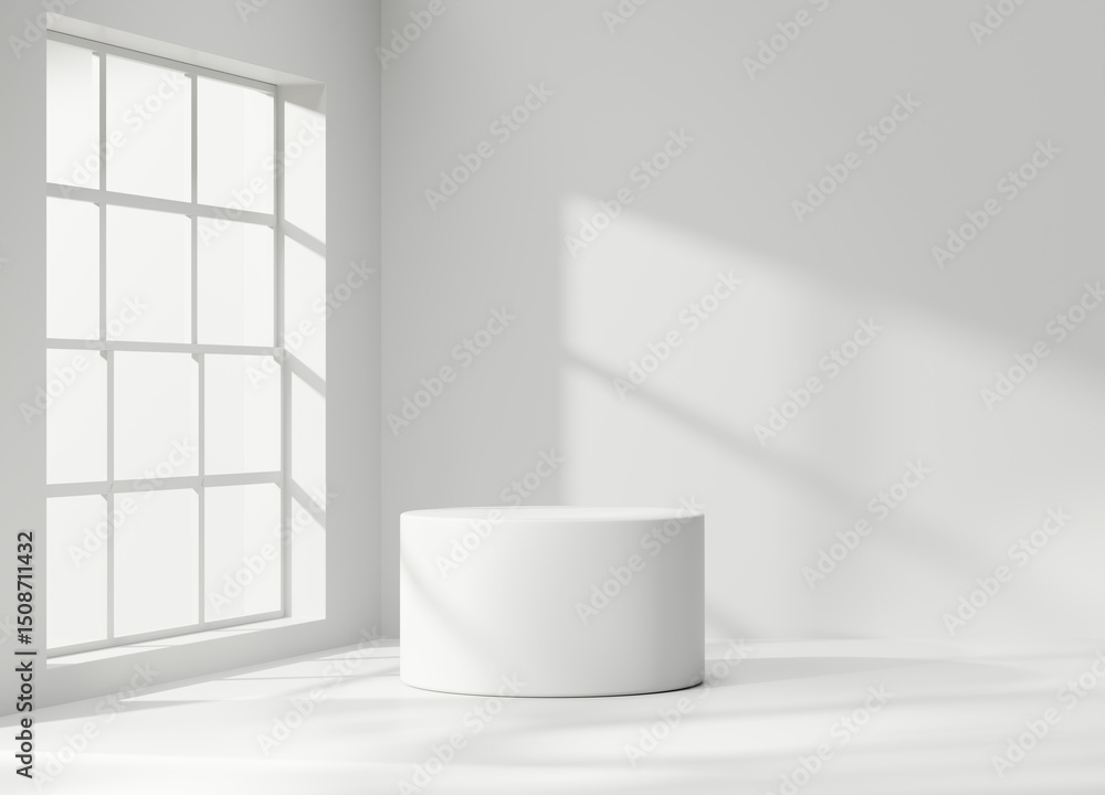 Fototapeta premium Minimal Modern White Podium Platform For Product Display Showcase 3D Rendering With Window 