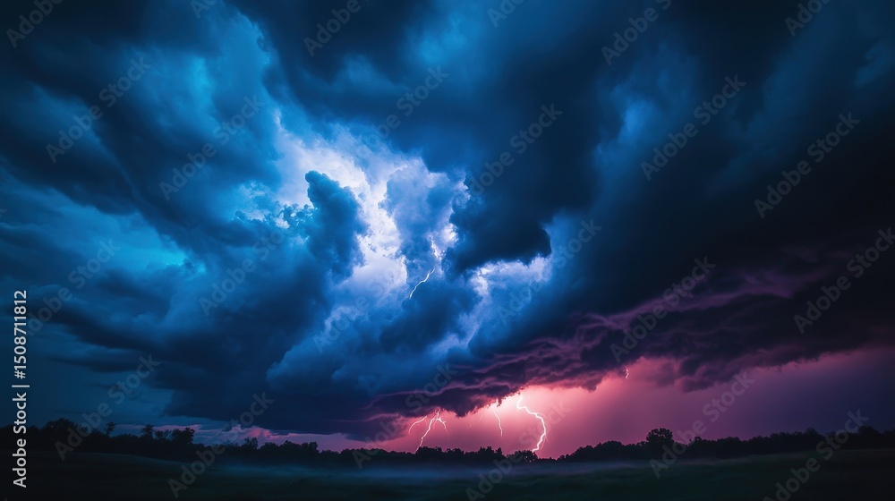 Obraz premium Dramatic Thunderstorm with Lightning and Dark Clouds in a Colorful Sky