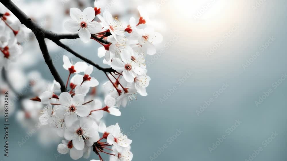 Serene Cherry Blossoms in Springtime: A delicate branch of cherry blossoms, with pristine white petals and contrasting red stamens, blooms in full glory against a soft, blurred backdrop. Serene Cherry Blossoms in Springtime: A delicate branch of cherry blossoms, with pristine white petals and contrasting red stamens, blooms in full glory against a soft, blurred backdrop.