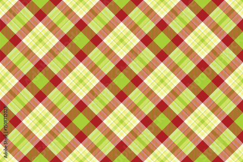 Festive, vibrant plaid pattern with classic tartan design. Red, green yellow create a warm, inviting backdrop. Ideal for textiles, crafts, and holiday themes.
