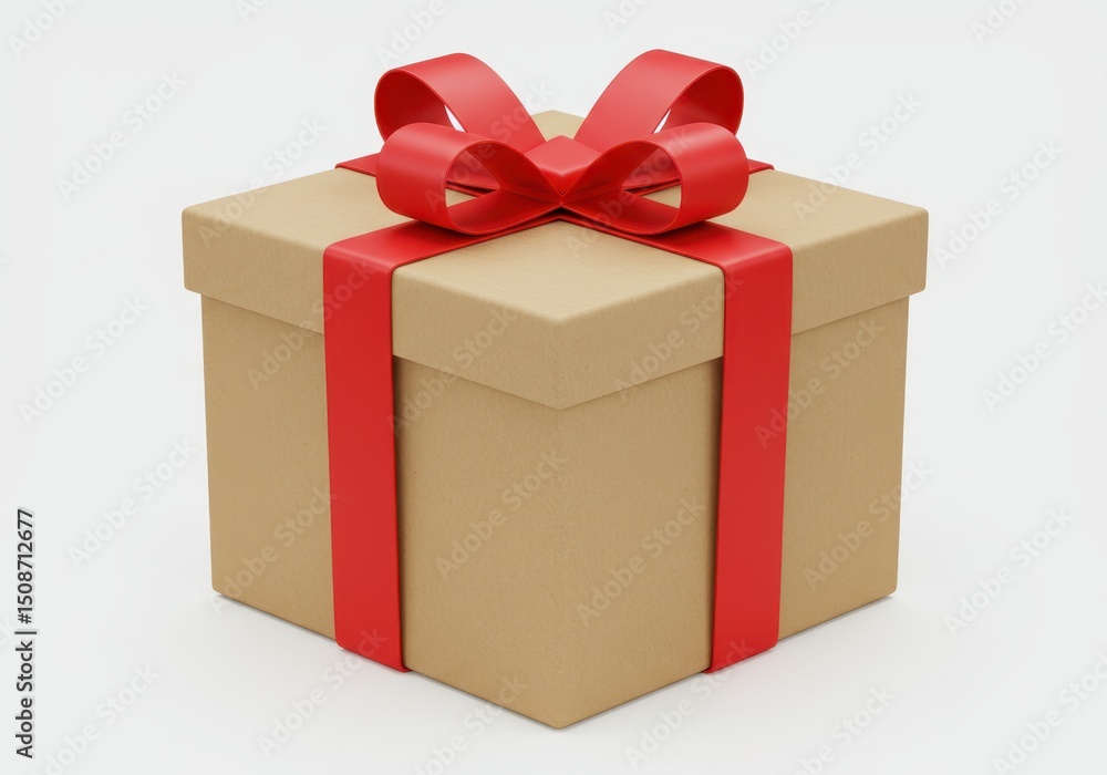 Kraft box with red ribbon and bow, isolated on white background, close-up view Kraft box with red ribbon and bow, isolated on white background, close-up view