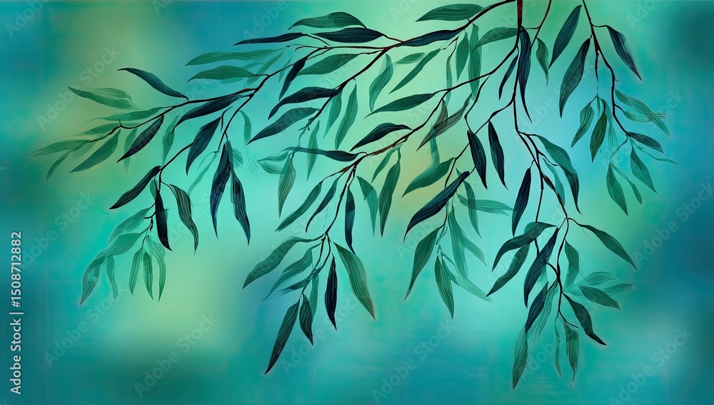 Naklejka premium Abstract Teal Background With Green Branches