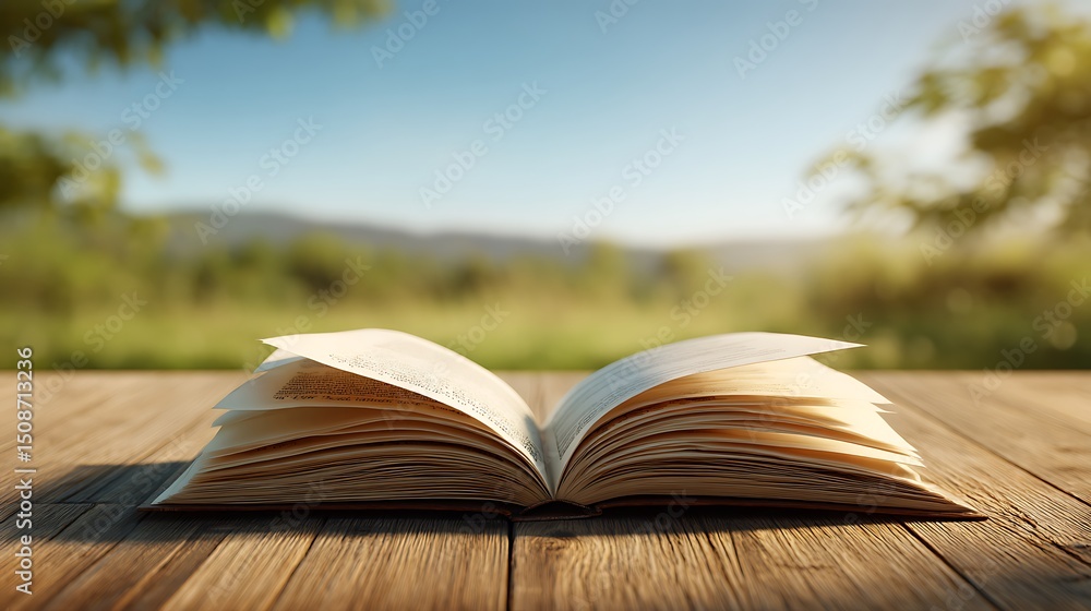 Obraz premium 야외 테이블 위 펼쳐진 책과 초여름 햇살 AI 생성