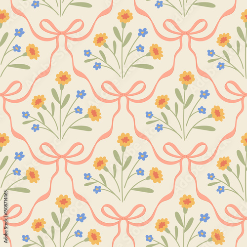 Hand drawn floral seamless pattern with a charming coquette whimsical lattice design. Soft, pastel, and nostalgic, perfect for textiles, wallpaper, wrapping paper, and romantic vintage-inspired decor.
