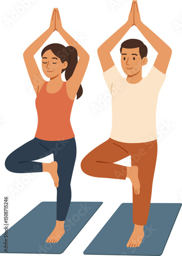Vector Illustration of a Couple Practicing Tree Pose Yoga on Mats