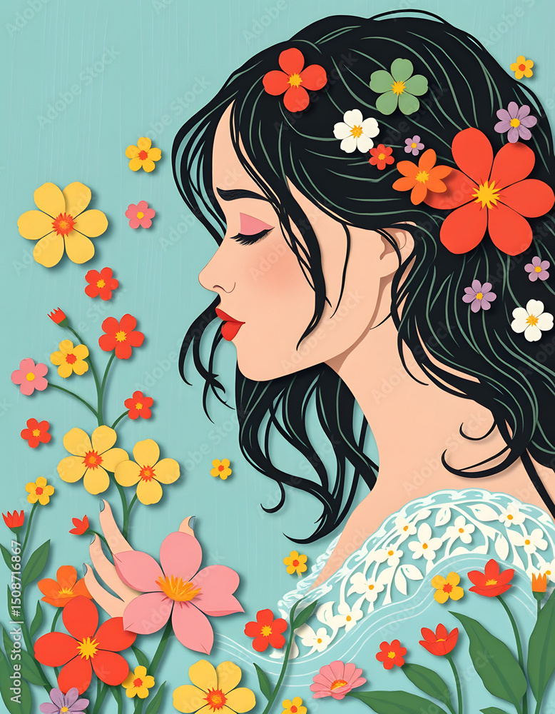 ethereal painting of a maiden resembling Ophelia lost in a dream amid vibrant floating blossoms on water, flat papercut style. with white shades ethereal painting of a maiden resembling Ophelia lost in a dream amid vibrant floating blossoms on water, flat papercut style. with white shades