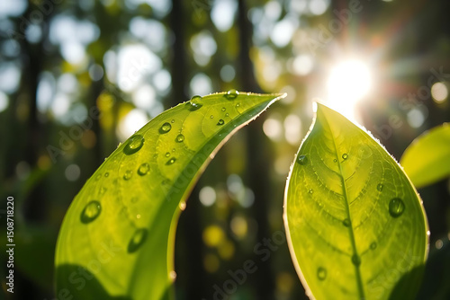 A macro photograph capturing dewdrops on vibrant green leaves bathed in golden morning sunlight. The image showcases the fresh and tranquil atmosphere of a subtropical forest.