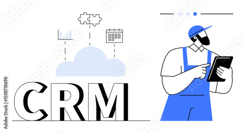 CRM cloud with icons for analytics, puzzle piece, and calendar alongside worker in uniform using a tablet. Ideal for business management, technology, teamwork, planning, strategy, data management