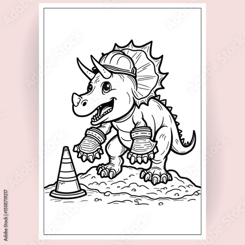 Adorable Triceratops Construction Worker Coloring Page Fun Dinosaur Illustration