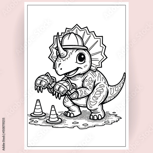 Adorable Triceratops Construction Worker Coloring Page  Dinosaur Fun for Kids
