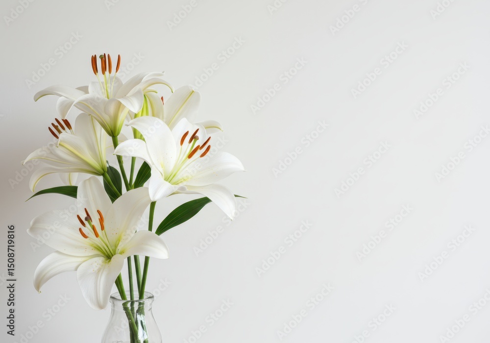 Fototapeta premium White lilies in a glass vase against a white background with copy space