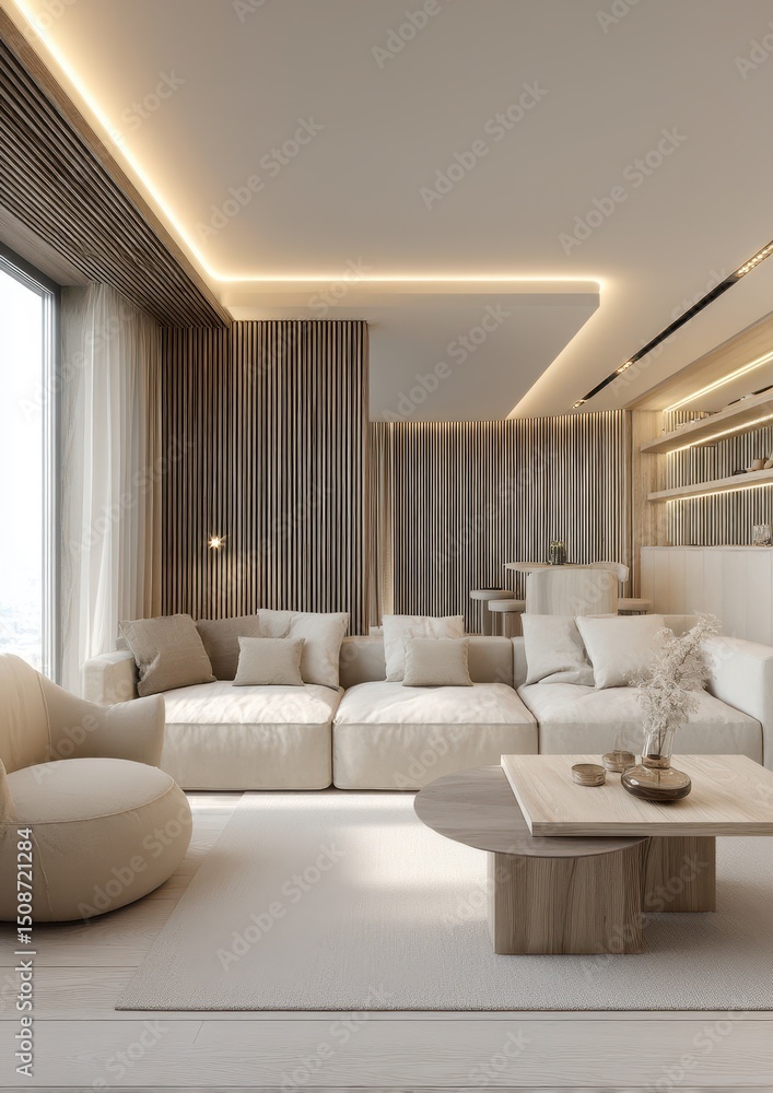 Fototapeta premium Modern beige living room interior design.