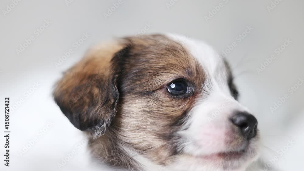 portrait of baby dog lying on bed,blanket.cute white color puppy with brown spots on body.sleepy adorable domestic pet looking in camera.animal inside home,room. portrait of baby dog lying on bed,blanket.cute white color puppy with brown spots on body.sleepy adorable domestic pet looking in camera.animal inside home,room.